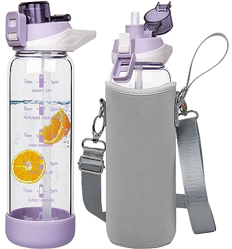 Seekua 0.8l Botella Agua Cristal 800ml Botella Gimnasio Vidrio Deportiva con Pajita y Marca de Tiempo sin bpa