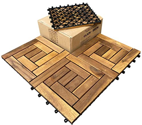 CLICK-DECK 10 Slat Hardwood Decking Tiles | Patio, Balcony, Concrete, Hot Tub Deck | 30x30cm Square Connect Flooring | Easy Installation | Great Drainage (12x Tiles)