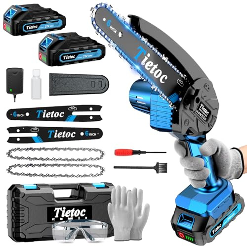 Tietoc Mini Chainsaw, 6 Inch Chain Saw Cordless, 880W Powerful Electric Handheld Chainsaw with Automatic Oiler, with 2 Batteries and 2 Chains, Tree Trimmer Gardening Tools Gift for Men, Father, Dad