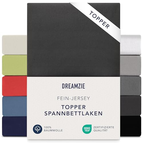 Dreamzie Premium Topper Spannbettlaken 180x200 cm - 200x200 cm - extra niedriger Seitenhöhe - für Topper - Topperauflage - Spannbetttuch Jersey Baumwolle, 150 g/m² - Oeko-TEX - Schwarz