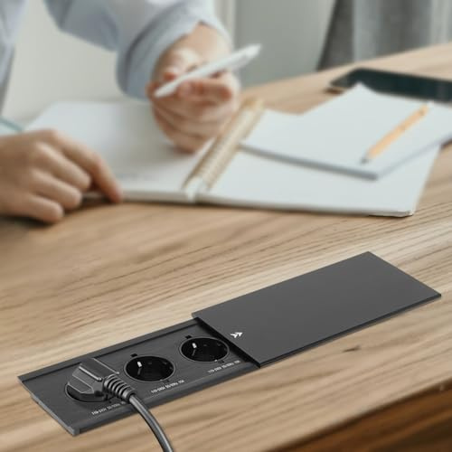 Bordsskiva Med Försänkt Uttag - Inbyggt 3-Vägs Grenuttag Med Skjutlock För Skrivbord, Konferensrum, Kök, Soffbord - Svart