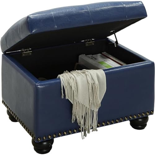 BAKAJI Puf contenedor reposapiés Rectangular con Compartimento Interior, baúl de Almacenamiento con Asiento Acolchado, Taburete con Estructura de Madera para salón, Dormitorio (Azul Piel sintética)