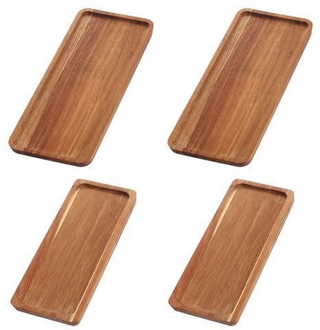 AHAQU Lot de 4 plateaux de service en bois d'acacia avec bord surélevé, planches de service en bois pour présenter des collations, fruits, sushis, fromage, bougies, décoration alimentaire