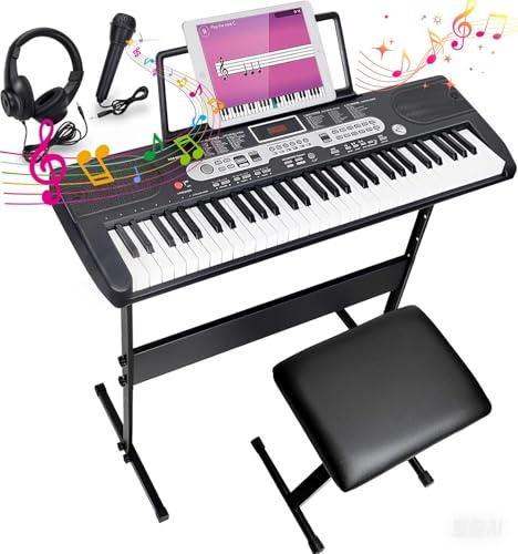 Keyboard Piano, 61 Key Keyboard für Kinder Einsteiger, mit LED-Bildschirm, Keyboardständer, Klavierbank, Mikrofon, Kopfhörer, Notenablage, E-Piano Geschenk für Kinder ab 7 Jahre (Schwarz)