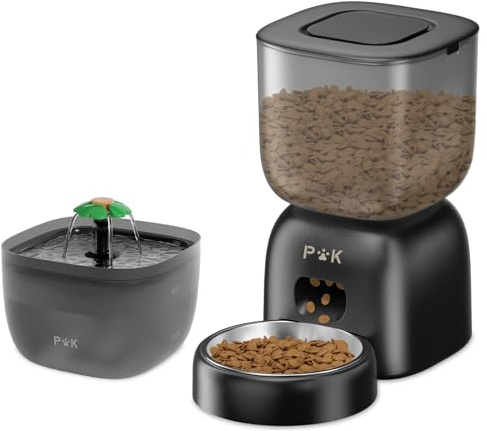 Distributore Automatico Cibo Gatti e Fontanella per Gatti Combo, Durata Della Batteria Fino a 180 Giorni, Registrazione 10S, 1-4 Pasti al Giorno, 3L Dispenser Crocchette Gatto e 2L Fontana