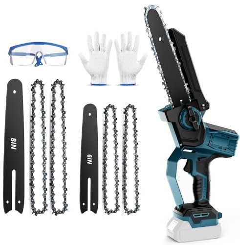 WingFly Mini Motosega da 6 e 8 pollici, Compatibile con Bosch 18 V Batteria, Motosega elettrica senza spazzole con 2 catene, motosega a mano per cesoie da giardino, taglio legno (senza batteria)