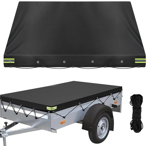 AROMUJOY Anhänger Plane 214x122x13cm, 600D Oxford Anhängerplane Flachplane mit 8M Planenseil, Abdeckplane Verstärkte für PKW 750kg Autoanhänger, Wasserdicht Winddichte Reißfeste, Schwarz