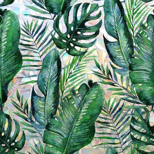 dktie Fensterfolie Blickdichte Monstera Regenbogen Optik Fensterfolie Sichtschutzfolie für Fenster Wärmedämmende Fensterfolie Anti-UV Sonnenschutz, Sichtschutz, Blendschutz, 44,5x200cm