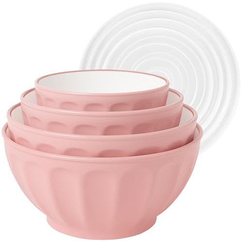 BoxedHome Rührschüsseln mit Deckel, 4 Stück große Kunststoffschüsseln, Mikrowellen- und spülmaschinenfest, BPA-frei, ideal zum Vorbereiten, Backen und Kochen von Lebensmitteln,Rosa