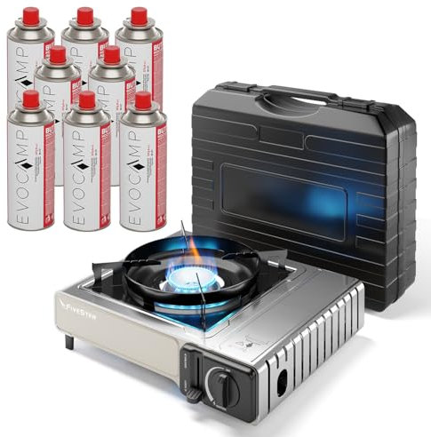 Réchaud gaz 1 feu, barbecue portable avec allumage piézo, mallette et 8 cartouches gaz butane 227g, pour usage intérieur et extérieur, 2,2 kW