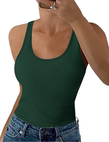 Aottori Camiseta sin Mangas Mujer Cuello Redondo Elástico | Verano, Tirantes, Elegante, Punto, Básico, Chalecos, Top, Casual, Sólido, Ajustado, Tank, Shirt