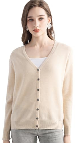 Chanyarn Women's 100% Pure Cashmere Cardigan V-Neck Long Sleeve 2025 Fall Winter Warm Soft Knit Cardigan Sweater (Beige11002,M)
