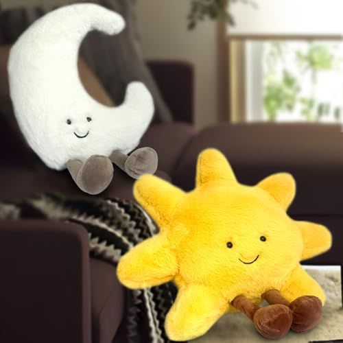 Kyduu Almohadas de Peluche para Sol Luna, Cojín Decorativo En Luna Sol, Lindo Cojín Juguete de Peluche de Sol y Luna (Paquete de 2)