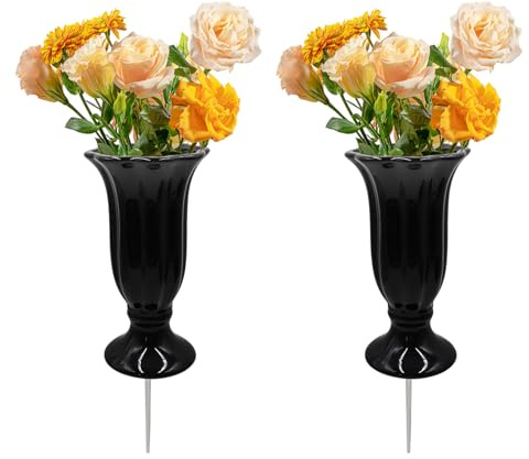 2-pack keramisk gravvas med metallspik – minnesblomhållare för gravdekorationer – elegant kyrkogårdsdekoration för trädgårdar, gräsmattor och utomhushyllningsdisplayer