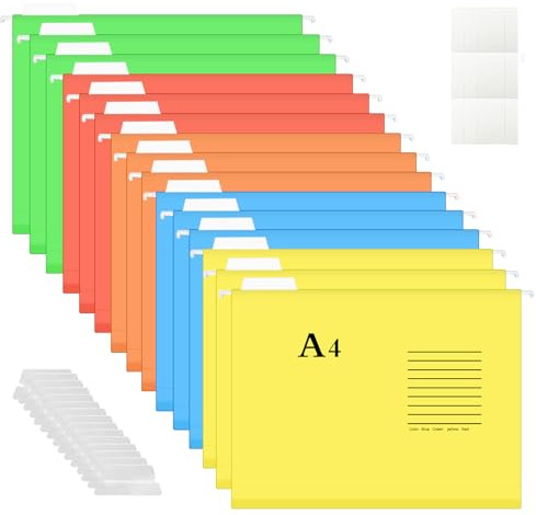 Dossiers Suspendus A4 avec Onglets et Inserts,Dossiers Suspendu pour Armoires de Classement,pour École, Maison Et Bureau(15 Pack), Bleu, Orange, Violet, Rose, Vert