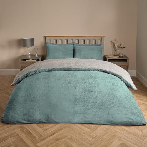 Brentfords Teddy Fleece Double Duvet Set, Christmas Winter Fluffy Cosy Reversible Double Duvet Set Super Soft Warm Thermal Teddy Bear Bedding with Pillowcases, Duck Egg/Grey