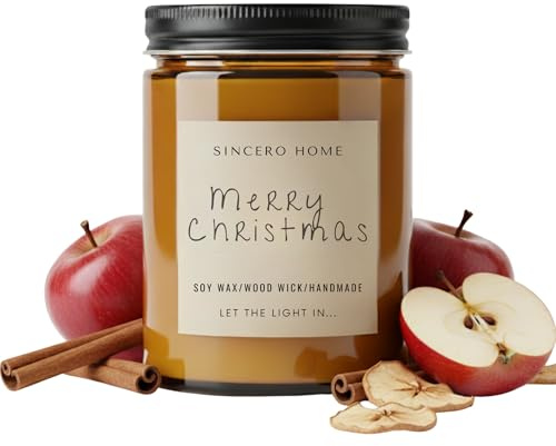 Vela de Soja Artesanal con Mecha de Madera – Vela Ecológica Hecha a Mano en Tarro Ámbar – Vela Aromática Navidad – Regalo Navidad Premium (Manzana y Canela)
