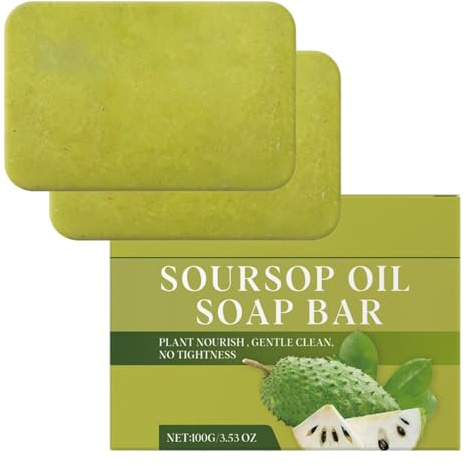 2PCS Soursop Oil Soap Bar | Calming & Moisturizing Dry Sensitive Skin Body Wash | Oil Based Cleanser with Coconut, Olive, Castor, Shea Butter Raw Organic
