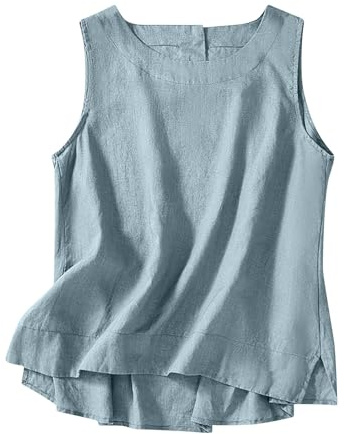 Vest Tops Women UK 2026 Summer Cotton Linen Sleeveless T-Shirt Loose Fit Button Crew Neck Lounge Baggy Solid Color Plain Dressy Casual Tee Shirts Trendy Blouses Ladies Tank Tops