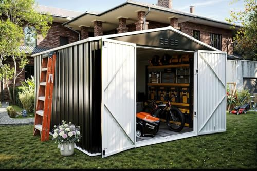 UDPATIO Metallträdgårdshus med 10 m³, pulttak – 250 x 248 x 194 cm för utomhusbruk, utrustningsskjul, cykelgarage, galvaniserat stål med låsbar dörr för bakgård, mörkgrå