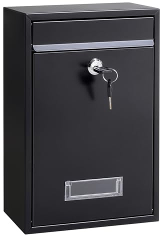 Locking Mailboxes Wall Mounted Vertical – Jssmst Key Lock Drop Mail Box Medium Capacity Galvanized Steel Cover Rust-Proof Metal Post Box, 12.6 x 8.5 x 3.4 Inch, Black, SM-0601L