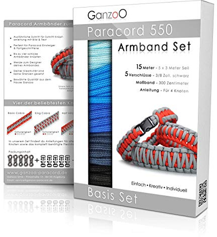 Ganzoo Paracord 550 armband knytkit med klicklås och instruktion, Sea, 5x3 m 4 mm nylonlina typ 3 med 7 kärntrådar, 5 plastspännen 10 mm, 16-sidig steg-för-steg för 4 knutar, skräddarmåttband 300 cm