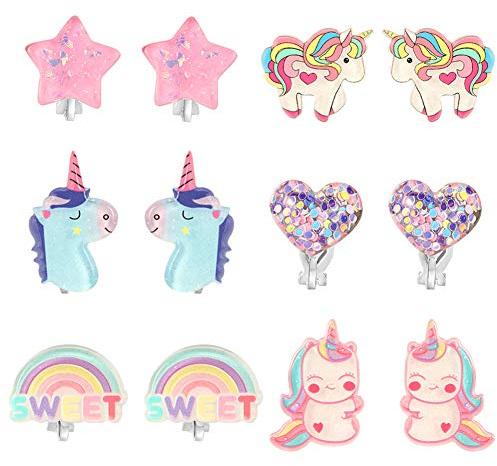 PinkSheep Pendientes de Clip de Unicornio Brillantes y Arco Iris para Niñas y Niños, 6 Pares, Mejor Regalo