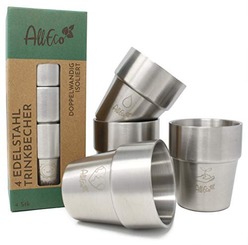 AllEco® Edelstahl Becher doppelwandig 300ml 4er Set Metall Trinkbecher Kinder Camping Tasse Outdoor Wandern Kaffeebecher 10oz Steel Mug - nachhaltig & wiederverwendbar