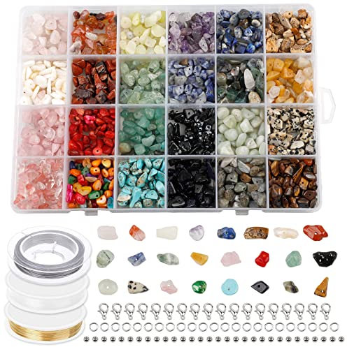 SWAIWS 24 färger, ädelstenar med hål, 4–8 mm, stenpärlor, oregelbundna ädelstenspärlor, ädelstenspärlor, pyssel, smycke, pysselsats med distanspärlor, borrkrokar, motringar, kristallinje