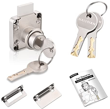 Naissian Cabinet Locks with Keys, Home Desk Lock for Drawer 7/8 Office Furniture Drawer Lock Latch, Pack of 1 Locks with 4 Keys Alike, Nickel