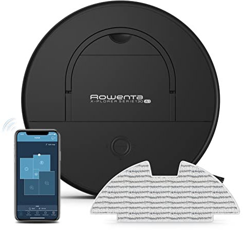 Rowenta X-Plorer Serie 130 Ai, Robot Aspirapolvere Lavapavimenti, Mappatura, Tecnologia AI e Laser, Evitamento Ostacoli, Adatto a Smartphone e Assistenti Vocali, Nero, RR9065