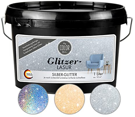 My COLOR Room Glitzer-Lasur (1000 ml, Silber) Transparente Wandfarbe für Wandgestaltung Mit Glitzer-Effekt, Innenbereich Dekorationslasur Made in Germany