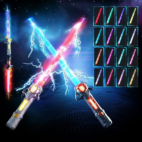 Skirfy Lights Sabers,2 Pack Lightsabers Sword for Kids with FX Sound and 16 Colors,2 In1 LED Light Sabers Toy,Retractable Lightsabers,Halloween Dress Up Party Gift,Black & Grey