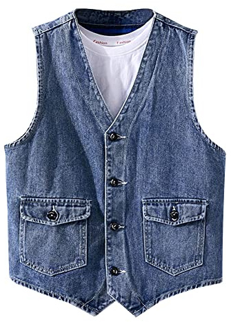 LONGBIDA Men's Denim Vest Casual Slim Fit Sleeveless Jacket Outdoor Jean Vests(Blue,XXL)