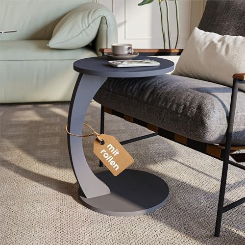 sugodesign Couchtisch mit Rollen, Kleiner Beistelltisch C Form, Beistelltisch Couch, stylischer Sofatisch in schöner Anthrazit Optik, runder Tisch als Ablagefläche für Couch und Wohnzimmer, C Form