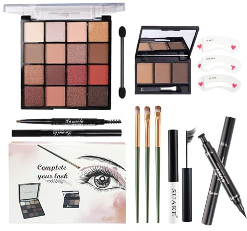 HOTMAIG - All in one makeup set for girls: 16 colors eyeshadow palette, 3 makeup brushes, waterproof