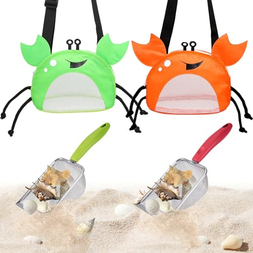YOOLEETC 4PCS Beach Toy Mesh Shovel and Mesh Beach Bag Seashell Bag,for Sand Filter & Collect Shells,Sand Sifter Shell Collecting Tools(Green-Orange Crab)