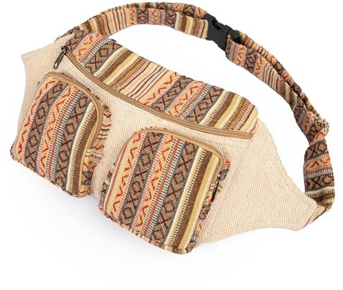 Freakmandu Umweltfreundliche Bauchtasche im Boho-Hippie-Stil, Hanftasche, zum Wandern, Laufen, Joggen, Weiß, Creme-Mix, Adjustable Size, Hüfttaschen