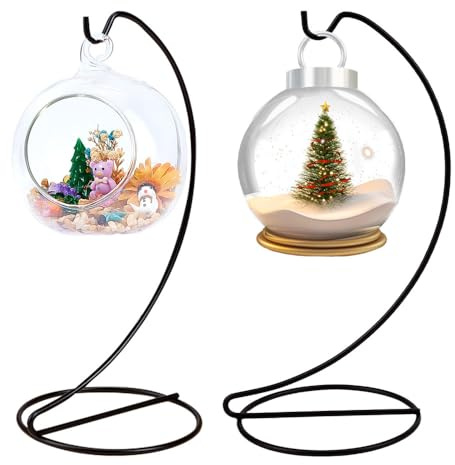 DELORIGIN 2pcs Ornament Display Stand Holder Glass Globe Black Iron Wire Stand Hanging Hook Holder Rack for Christmas Bauble Lanterns Hanging Air Plant Terrarium Witch Ball Decor DIY Craft Display