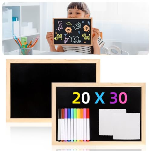2 Stück Kreidetafel mit Holzrahmen Sets, 20 x 30cm Schiefertafel zum Beschriften mit 10 Löschbare Aquarellstifte und 2 Reinigungstuch, Kinderparty, Buffet, Hochzeit, Zeichenbrett zum Kinderzeichnen