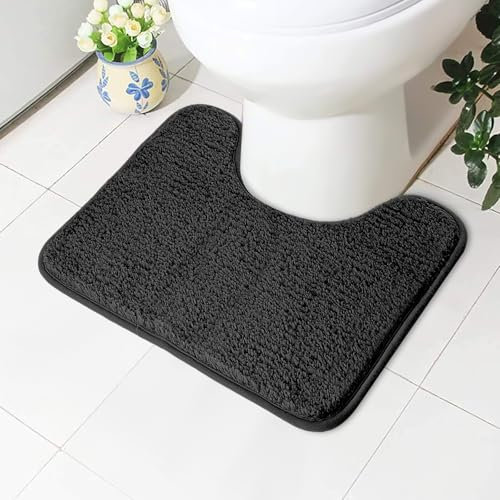 AUAUY rutschfeste WC-Vorleger, U-Waschbar WC Teppich Klovorleger mit Ausschnitt Weiche Hochflor Toiletten Vorleger, Mikrofaser Badematte - 50 x 40 cm (Schwarz)