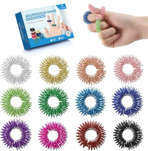 YANGTSUNG 12-Pack Akupressurringar, 27 mm Spikiga Fingerringar för Att Främja Blodcirkulation, Stressavlastning, Massage Fidget Ringar för Tonåringar 14+ och Vuxna (Flerfärgad)