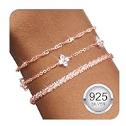 Finrezio 3 Pcs Rosegold Bracelets for Women Sterling Silver Bracelet Set Layered Dainty Link Chain with Cubic Zirconia Bracelet Adjustable Stackable Rose Gold Bracelets Jewelry for Women