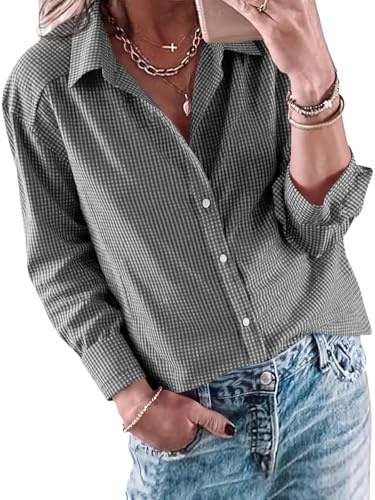 Cicy Bell Blusa de mujer con cuello en V elegante y casual de manga larga con botones, a cuadros, blusa casual de negocios, camisa de vestir holgada, blusa de manga larga, túnica, camiseta