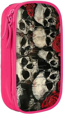 Lootpe Skull And Red Rose Print Pencil Case,Storage Bag, Large Capacity Pencil Box, Portable Office Pen Bag With Zipper