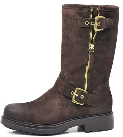 IF Stivali stivaletti biker moto da donna con fibbie e cerniera suola carrarmato casual in camoscio 9Y6036-1 Brown N.40