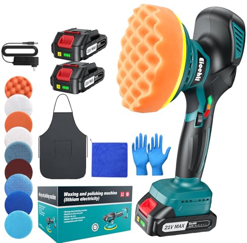 Cordless Car Buffer Polisher Kit, 6 Dual Action Random Orbital Polisher, 6 Variable Speed (1600–5500 RPM) 2×21V 2000mAh Rechargeable Batteries, 13 PCS Polishing & Waxing Attachments for Car Detailing