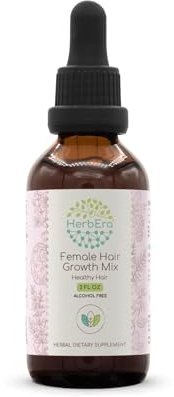 HerbEra Female Hair Growth Mix B60 Alcohol-Free Extract Tincture, Concentrated Liquid Drops Rosemary Leaf, Eleuthero Root, Stinging Nettle Root, Horsetail Herb, Reishi Mushroom, Brahmi Herb. 2 Fl Oz
