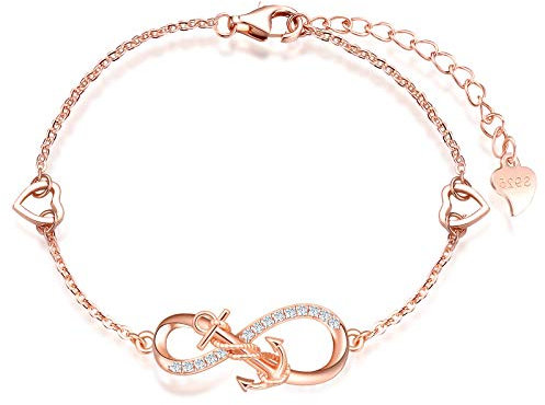 INFINIONLY Bracelet pour femme fille, bracelet en argent 925, bracelet symbole de l'infini avec ancre, décorer de diamant, cœur ou étoile, zircon incrusté, or rose, bracelet ancre