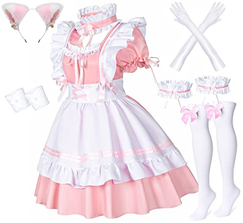 Wannsee Women French Maid Apron Dress Cosplay Costume Furry Cat Ear Gloves Socks Set